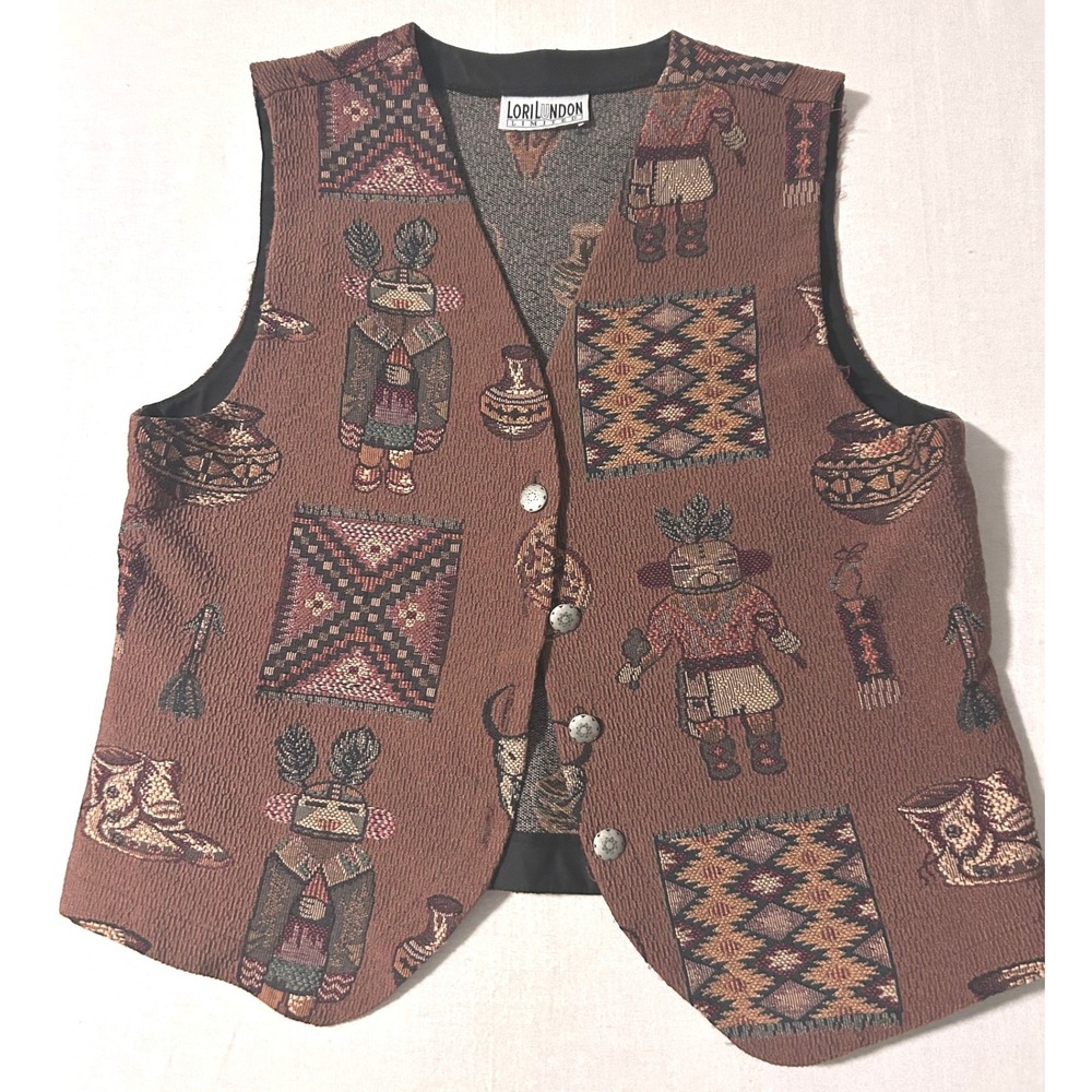 Vintage Lori‎ Lundon Native Tribal Southwest Tapestry Fabric Vest SZ L